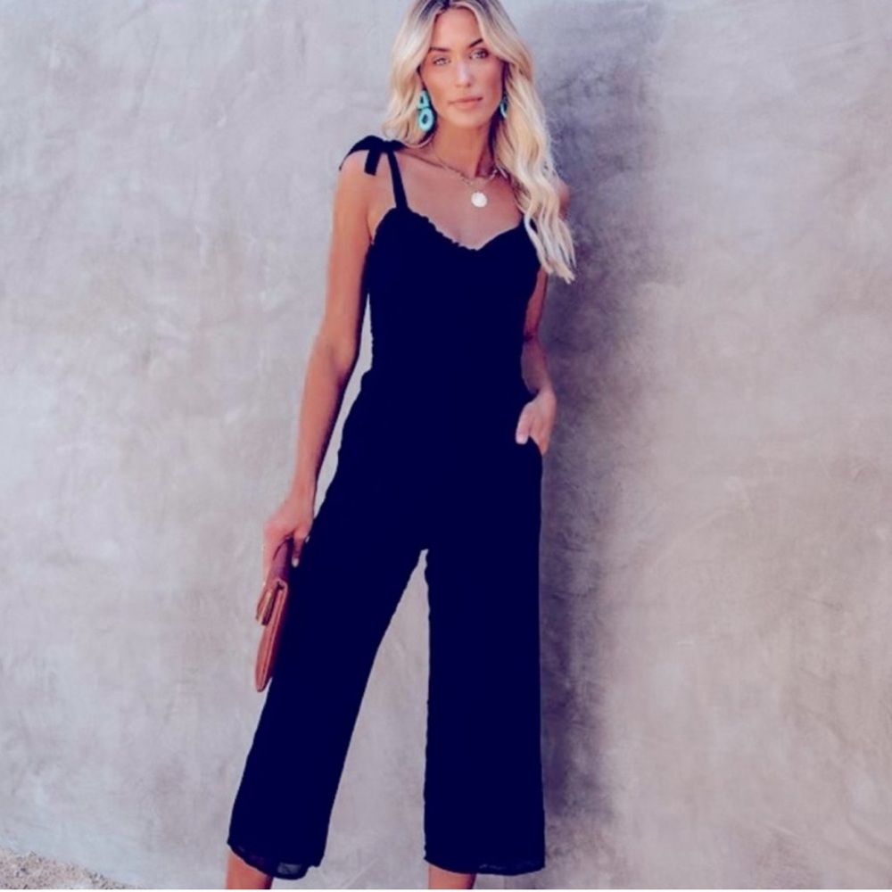 VICI Black Bow Strap Jumpsuit Wide Leg Cropped Size Small